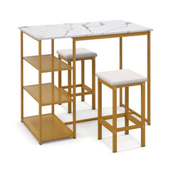3 Pieces Gold Bar Table Set for 2 with 3-Tier Storage Shelves
