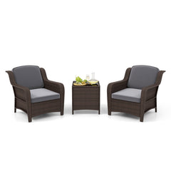 3 Pieces Outdoor Rattan Furniture Set with Cushions and Tempered Glass Coffee Table