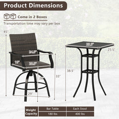 3 Pieces PE Wicker Patio Swivel Bar Set with Quick-Drying Foam