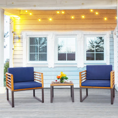 3 Pieces Patio Acacia Wood Conversation Set with Cushioned Armchairs