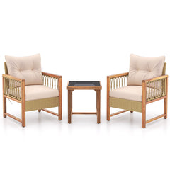 3 Pieces Patio Furniture Set with Acacia Wood Frame Cushions