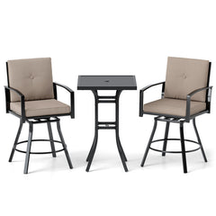 3 Pieces Patio Swivel Bar Set with Soft Cushions and Umbrella Hole