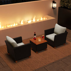 3 Pieces Patio Wicker Furniture Set with Cushions and Acacia Wood Coffee Table Outdoor