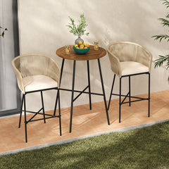 3 Pieces Rope Woven Patio Bar Set with Soft Cushions and Acacia Wood Tabletop