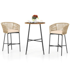 3 Pieces Rope Woven Patio Bar Set with Soft Cushions and Acacia Wood Tabletop
