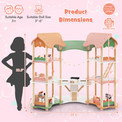 3-Tier Wooden Dollhouse for Kids Aged 3-8 Years Old with 32 Pieces of Accessories
