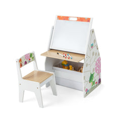 3 in 1 Kids Easel and Play Station Convertible with Chair and Storage Bins