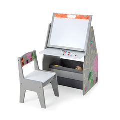 3 in 1 Kids Easel and Play Station Convertible with Chair and Storage Bins