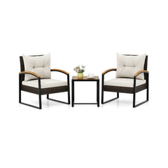 3 Piece Patio Conversation Set with Solid Acacia Wood Armrests and Tabletop