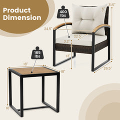 3 Piece Patio Conversation Set with Solid Acacia Wood Armrests and Tabletop