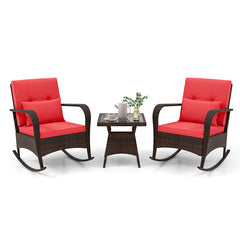 3 Pieces Outdoor Rocking Set with Tempered Glass Coffee Table for Backyard Poolside
