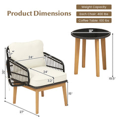 3 Pieces Acacia Wood Patio Furniture Set with Cushioned Wicker Chairs and Tempered Glass Side Table