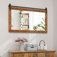 Rectangle Barn Door Style Wall Mounted Mirror with Solid Wood Frame