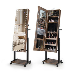 3-Color 46 LED Lights Mirror Jewelry Cabinet Armoire Adjustable Height with Wheels