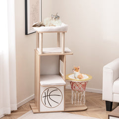 47 Inches Wooden Cat Tree with 2-Story Cat Condo and Basketball Hoop Hammock