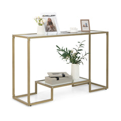 48 Inch 2-Tier Console Table with Tempered Glass Tabletop for Hallway