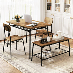 4 Piece Dining Table Set for 4 Metal Frame with Bench and 2 Chairs