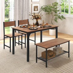 4 Pieces Rustic Dining Table Set with 2 Chairs and Bench