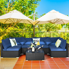 7 Pieces Sectional Wicker Furniture Sofa Set with Tempered Glass Top Coffee Table