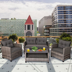 4 Pieces Patio Rattan Furniture Set with Coffee Table and Cushioned Sofa