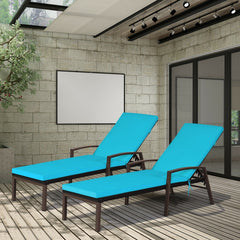 2 Pieces Patio Rattan Reclining Chaise Lounge Chair with Cushion and Armrest
