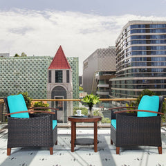 3 Pieces Patio Wicker Furniture Set with Washable Cushion and Acacia Wood Tabletop