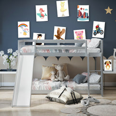 Twin Over Twin Bunk Wooden Low Bed with Slide Ladder for Kids