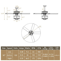 50 Inch Noiseless Ceiling Fan Light with Explosion-proof Glass Lampshades