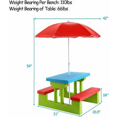 Kids Picnic Folding Table and Bench Set with Umbrella