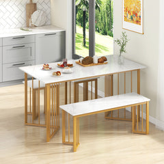 4 Piece Dining Table Set with Bench and 2 Stools