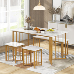 4 Piece Dining Table Set with Bench and 2 Stools