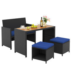 4 Piece Outdoor Dining Set with Wood Topped Dining Table, Rattan Loveseat Chair and 2 Ottomans