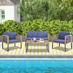 4 Piece Patio Acacia Wood Conversation Set with Soft Seat