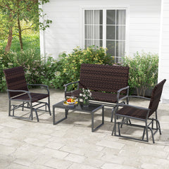 4 Piece Patio Gliding Set Wicker Swing Glider Furniture Set All Weather with Tempered Glass Coffee Table