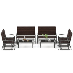 4 Piece Patio Gliding Set Wicker Swing Glider Furniture Set All Weather with Tempered Glass Coffee Table
