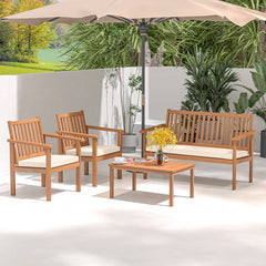 4 Pieces Patio Wood Furniture Set Acacia Wood Sofa Set with Loveseat