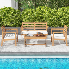 4 Piece Wood Patio Conversation Set with 2 Armchairs and Coffee Table