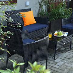 4 Pieces Patio Rattan Cushioned Sofa Set with Tempered Glass Coffee Table
