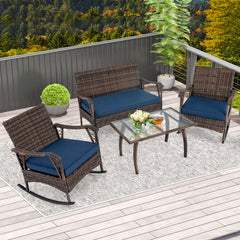 4 Pieces Wicker Rocking Set with Bungee Rope Seat