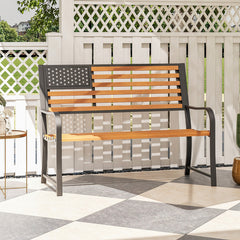 50 Inch Outdoor Garden Bench with Flag Pattern Backrest and Rustic Wood Grain Finish