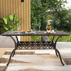 59 Inch Aluminum Patio Dining Table with Umbrella Hole fot 6 Persons