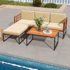 5 Pieces Patio Furniture Set Acacia Wood Sectional Set with Heavy-Duty Metal Frame