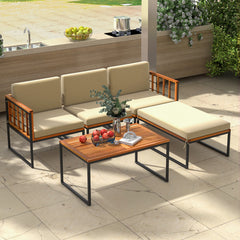 5 Pieces Patio Furniture Set Acacia Wood Sectional Set with Heavy-Duty Metal Frame