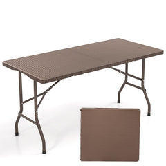 5FT Folding Picnic Table with Rattan Grain HDPE Tabletop and Sturdy Metal Fame