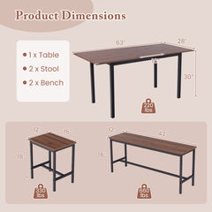 5 Piece Dining Table Set for 4-6 with 2 Benches & 2 Stools for Kitchen Dining Room