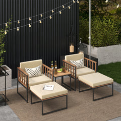 5 Piece Outdoor Furniture Set Acacia Wood Chair Set with Ottomans and Coffee Table