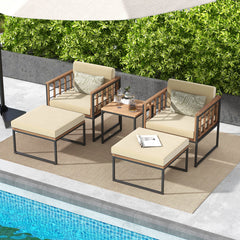 5 Piece Outdoor Furniture Set Acacia Wood Chair Set with Ottomans and Coffee Table