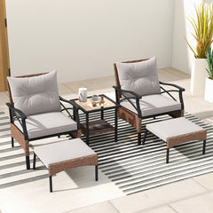5 Pieces Wicker Patio Furniture Set Ottomans and Cushions and 2-Tier Tempered Glass Side Table