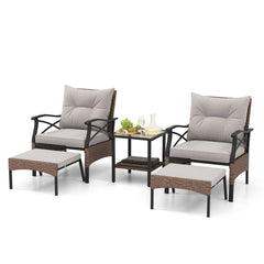 5 Pieces Wicker Patio Furniture Set Ottomans and Cushions and 2-Tier Tempered Glass Side Table