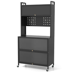 5 Tier Kitchen Bakers Rack with Lights Multifunctional Microwave Stand with Flip Door Cabinets